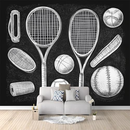 Photo Wallpaper 400 x 280 cm Non-Woven Premium Art Print Fleece Wall Mural Decoration Tennis Ball and Racket Bedroom Living Room Hallway Sofa Backdrop Wall Decor White and Black