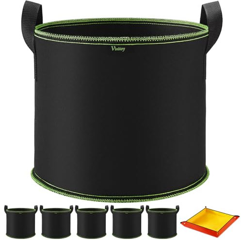 Vinitoy Grow Bags for Vegetables, 5 Pack 10 Gallon Heavy Duty Thickened Nonwoven Fabric Pots with Handles and 100cm x 100cm Potting Mat for Potatos, Tomatoes, Flowers and Plants, 40L