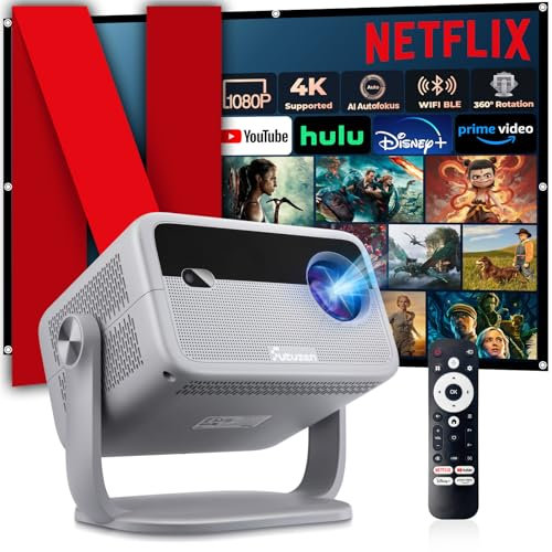 Proiettore 4K 【Ufficiale Netflix & Auto Focus/Keystone】Girevole a 360° Videoproiettore WiFi 6 Bluetooth Auto Focus/Correzione Trapezoidale, 600 ANSI FHD 1080P Smart Home Esterni Proiettore Portatile