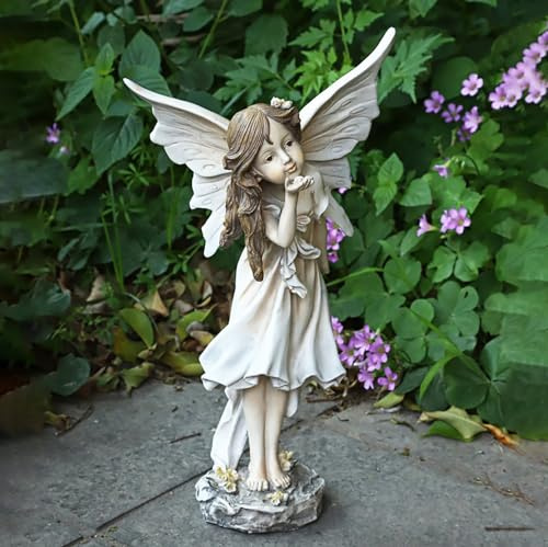 Pevfeciy Gartenfiguren & gartenstatuen Elfen Figuren Gartendeko für draußen Retro Mädchen Harz Feen Skulptur,Europäische kreative Gartenfeen-Ornamente,Outdoor oder Haus Dekor,H 34cm,Grau