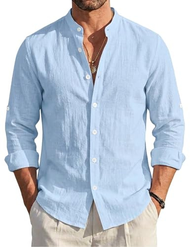 EndoraDore - Camicia da uomo in lino e cotone, a maniche lunghe, vestibilità normale, per il tempo libero, stile Hawaii, ideale per la spiaggia, top estivo, Blu, XL