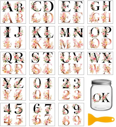 GLOBLELAND 18 Sheets A-Z Flowers Letters and 0-9 Numbers Transfer Stickers 3.9x3.6inch Vintage Flowers and Leaves Decals Stickers Rub on Transfer for Art Crafts Furniture Glass Mason Jar Decorations