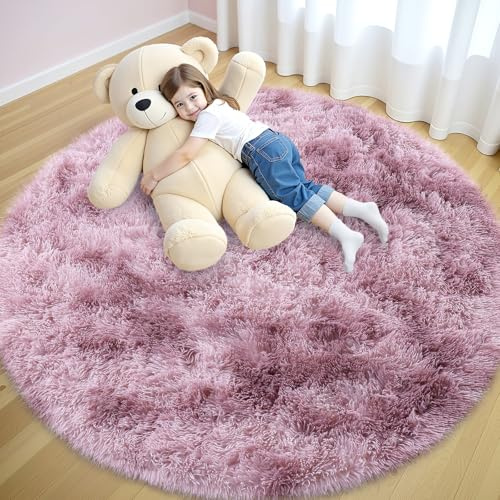 smiry Hochflor Teppich Wohnzimmer, 120cm Rund, Rosa | Waschbar Anti-Rutsch Moderner Flauschiger Kuscheliger Teppich für Wohnzimmer, Schlafzimmer, Kinderzimmer
