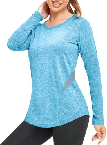 Wayleb Maglietta Donna Fitness Maniche Lunghe, Top Sportivo Leggero con Rete ai Lati per Palestra, Yoga e Jogging – Blu Cielo M