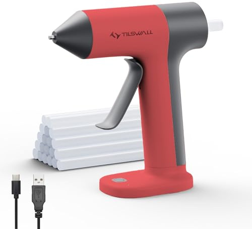 Tilswall Heißklebepistole, Kabellose Klebepistole mit 30 s schnellem Vorheizen, 20 Stück Premium-Klebesticks, Smart Power-Off, USB-C-Eingänge, Geeignet für Heimwerkerarbeiten – Rot