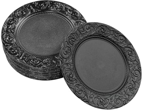 QIERF Set de vaisselle 24 pièces, plateau de présentation rond, assiettes réutilisables, fond embouti pour fêtes d'anniversaire, mariages, restaurants et maison, 33 cm de diamètre (Noir)