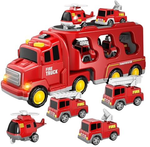 Juguete para camión de bomberos, 7 unidades/juego de simulación, luz trasera, sonido, juguetes para motor de bomberos, incluye escalera de rociadores de rescate, coche, helicóptero, juguetes par
