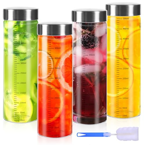 4 stycken 500 ml glasflaskor med lock i rostfritt stål, med borstar, flaskor med skala, för juice, smoothie, mjölk, juiceflaskor, glasflaskor