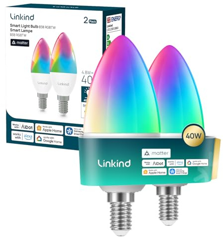 Linkind Matter Smart RGBTW LED Lampe E14, Kerzenform, 2 Stück | 470lm, 4.8W=40W, 1800K-6500K, 16 Mio. Farben & CRI 90+, 1-100% Dimmbar