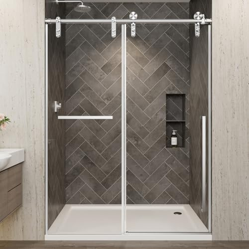 Frameless Sliding Shower Door, Barn-Style Exposed Roller, 5/16 in (8mm) Clear Tempered Safety Glass, Stainless Steel Hardware, Walk-in Shower (Brushed Nickel, 48 W x 76 H)