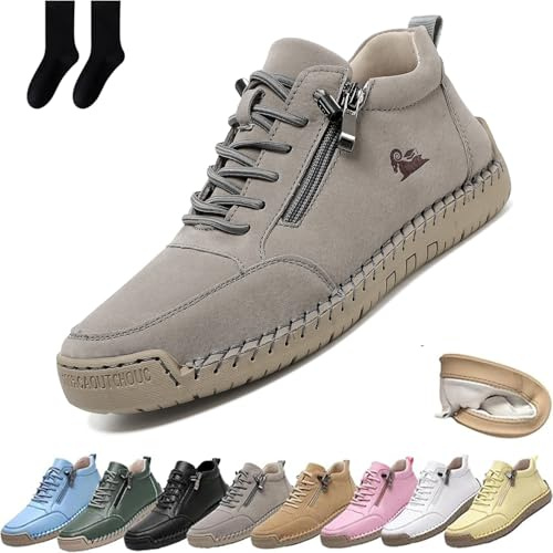 Zapatos cómodos ortopédicos de cuero hechos a mano para mujeres y hombres, zapatillas de cuero para mujer con cremallera lateral, zapatos casuales para conducir y caminar al aire libre, gris, 44 EU