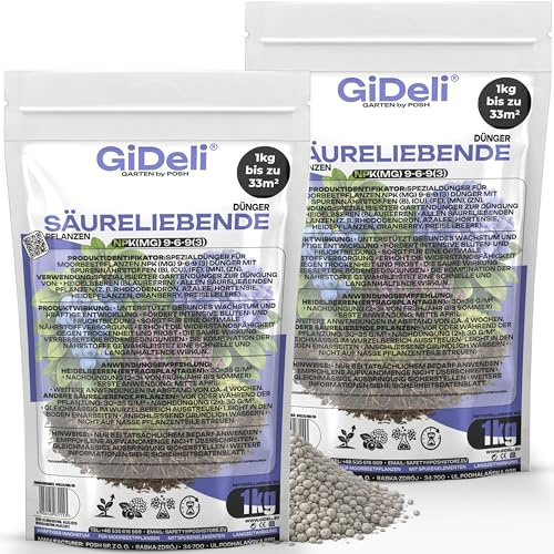 GiDeli Heidelbeerdünger & Hortensiendünger 2 x 1 kg - Granulat Langzeit | für Rhododendren Azaleen und Blaubeeren, mit Eisen und Magnesium, chloridarm, handliche Dosierung, säuert den Boden an