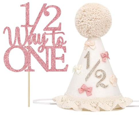 Floruvia 1/2 Birthday Hat - Schleife Halbes Geburtstags-Hütchen für Mädchen, Boho Halb-Geburtstags-Krone, Baby Mädchen Rosa Partyhut&Topper