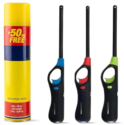 Straame 300 ml Gas Canister with Refillable BBQ Lighter, Long Lighter, Candle Lighter, Camping Essentials, Assorted Colours (1 Lighter Gas+3 BBQ Lighter)