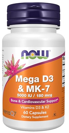 NOW Foods Supplements, Mega D-3 & MK-7 with Vitamins D-3 & K-2, 5,000 IU/180 mcg, Bone & Cardiovascular Support*, 60 Veg Capsules
