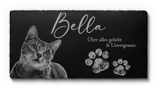 CHRISCK design Großer Katzengrabstein mit Gravur Foto aus Schiefer - Gedenkstein Grabstein Katze 60x30 - mit exklusivem Gravur Schutz! Tier Grabplatte für Haustiere - Grabschmuck Grabdeko Katzengrab