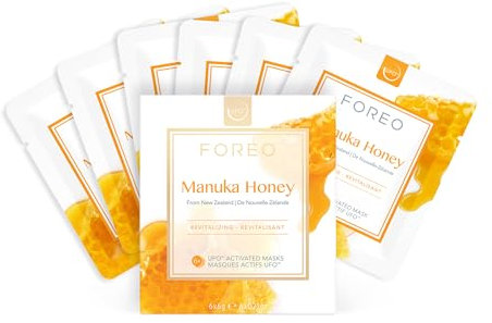 FOREO Manuka Honey, maschera viso UFO per pelle stanca e spenta, confezione da 3, anti-età, lenitiva, miele di manuka e allantoina, naturale e cruelty free, per tutti i dispositivi UFO
