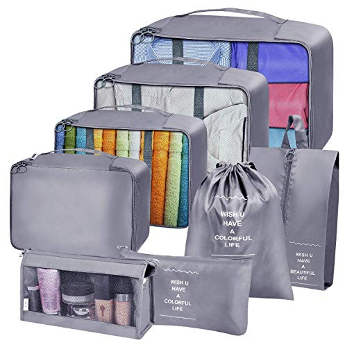 Koffer Organizer Reise Kleidertaschen, 8 Teilige Kofferorganizer Packtaschen Set, Packing Cubes Kleidertaschen Schuhbeutel Reiseorganizer für Kleidung Schuhe Unterwäsche Kosmetik, Grau