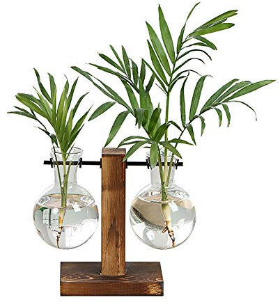Macetas de cristal con marco de madera vintage, florero con soporte de madera vintage, floreros verticales para plantas hidropónicas, decoración de la boda