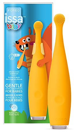 FOREO ISSA baby Sunflower Yellow Elektrisk sonisk tandborste 0–4, borststrån i 100% medicinskt silikon för babytänder och tandkött, 240 användningar/USB-laddning, 2 års garanti