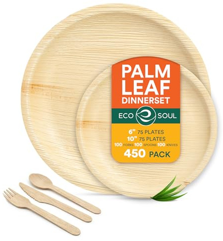 ECO SOUL 100% kompostierbares Palmblatt-Geschirrset – Runde Teller 10″ & 6″ (je 75 Stück) inkl. Gabel, Messer & Löffel (je 100 Stück), nachhaltig & umweltfreundlich
