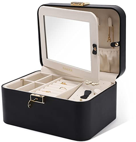 KAMIER Schmuckkästchen mit Spiegel und Schloss, 2-stöckige luxuriöse und geräumige Schmuckschatulle aus hochwertigem Flanell für Damen, Ringe, Ohrringe, Armbänder und Halsketten, Schwarz