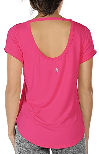 icyzone Maglia Sportiva Donna Senza Schienale,T Shirt Donna Sportiva Maniche Corte Sciolta Traspirante Maglietta per Palestra Corsa Yoga (L,Litchi Rosa)