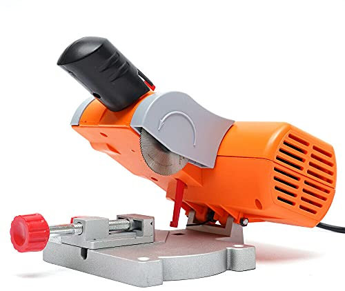 Mini Table Saw, 2 Blade Mini Bench Top Cut Off Chop Saw, 0-45° Adjustable Miter Saw 7800r/min for Wood Plastic Metal Cutting Hobby Craft