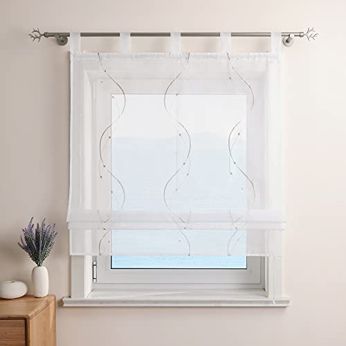 ESLIR Raffrollo mit Schlaufen Gardinen Küche Bestickt Raffgardinen Voile Transparent Schlaufenrollo Modern Vorhänge mit Wellen Stickerei Beige BxH 140x140cm 1 Stück