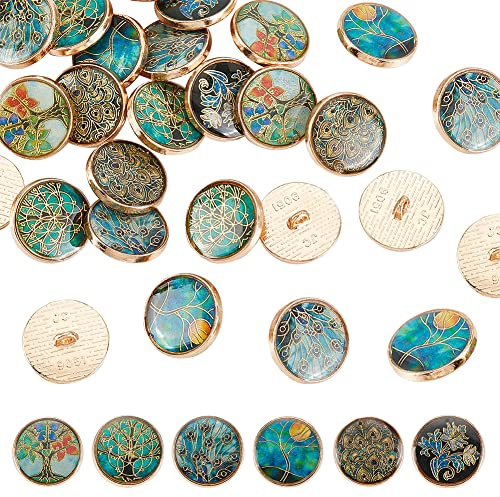 OLYCRAFT 24 botones decorativos de aleación con diseño de árbol de metal, 18 mm, color verde dorado vintage