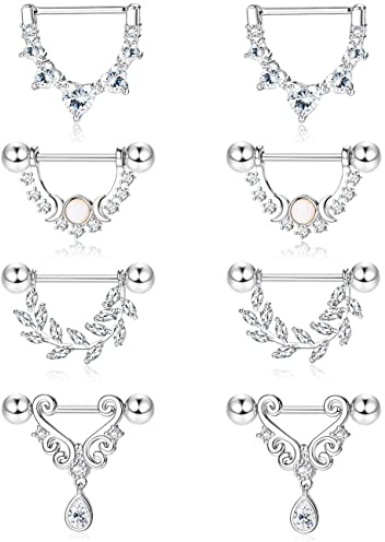 Kakonia 4 Paires 14G Anneaux de Mamelon pour Femme en Acier Inoxydable 316L Coeur Larme Lune Étoile Opale Feuille CZ Barbell Anneaux de Mamelon Ensemble Mignon Nipplerings perçage Bijoux, Argent