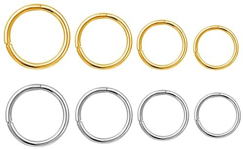 REQAG 4 Pairs Edelstahl Sleeper Nasenringe Septum Clicker Lip Ring Piercing, 316L Edelstahl, Universal Body Piercing Schmuck, 6mm 8mm 10mm 12mm, Gold/Silber