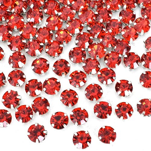 288 Stücke Strasssteine zum Aufnähen Rot 8 mm, Glas Strass zum Nähen Basteln, Silber Krappenfassung mit 8 Löchern zum Nähen, für DIY Kleidung Tasche Handwerk Tisch Party Dekoration