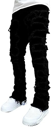 Pantaloni di Jeans da Uomo Gamba Dritta Strappato Pantaloni Uomo Elegante Casual Pantaloni Slim Fit Strappato Skinny Blu Pantaloni Hip Hop Moda Uomo Taglie Forti (Nero, S)