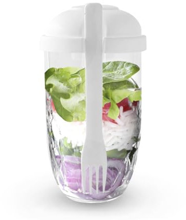 CheurYae Lot de 2 tasses à salade portables avec fourchette et vinaigrette, réutilisables pour le travail, l'école, le camping, le petit déjeuner, le dîner (blanc)