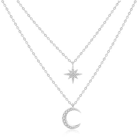 SILBERTALE 925 Sterling Silver Necklace Moon Star Pendant Necklace Gold Silver Layered Necklace for Women