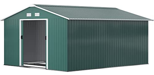 Outsunny 13 x 11ft Metal Garden Shed, Waterproof Outdoor Bike Storage Shed Galvanised with Vents, Foundation Kit, Apex Roof and Lockable Double Doors for Patio Lawn, Green