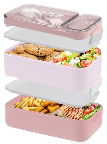 HENSHOW Lunch Box 1600ML, Porta Pranzo con 3 Scomparti e Posate, Bento Box Anti-perdite per Adulti Adatto a Microonde e Lavastoviglie, Ideale per Scuola, Ufficio, Lavoro (rosa)