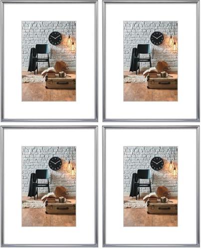 Hama Bilderrahmen Sevilla, DIN A4 (21 x 29,7 cm) mit Passepartout 15 x 20 cm, hochwertiges Glas, Kunststoff Rahmen, zum Aufhängen, silber (Packung mit 4)