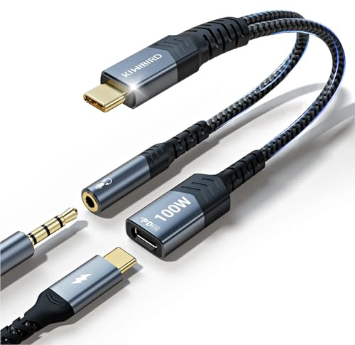 KiwiBird Adaptateur USB C vers jack 3,5 mm avec charge rapide PD 100 W, prise Type C USBC vers AUX 2 en 1 pour écouteur casque audio compatible avec iPhone 16 15 Pro Max, Galaxy S25 S24, Mac MacBook