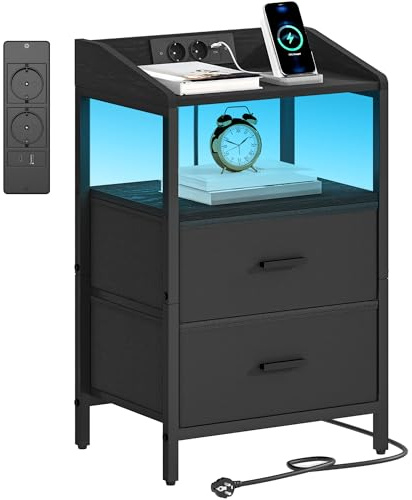 Hzuaneri Table de Chevet, avec Éclairage LED, Table de Nuit avec 2 Tiroirs de Rangement en Tissu, Tables d'appoint avec Ports USB et 2 Prises CA, pour Chambre, Noir NS36104B