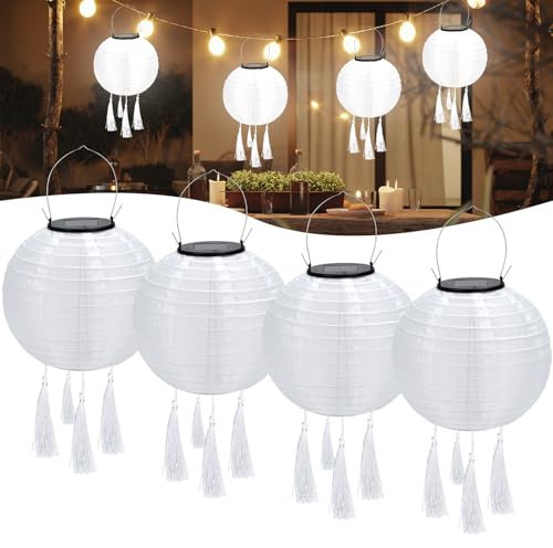 4 Piezas Farolillos Solares Exterior, Luz Solar Exterior Jardin, LED Farolillos Exterior, Linternas Solares Exteriores con 4 Borlas, Impermeable para Jardín, Terraza, Boda, Deco