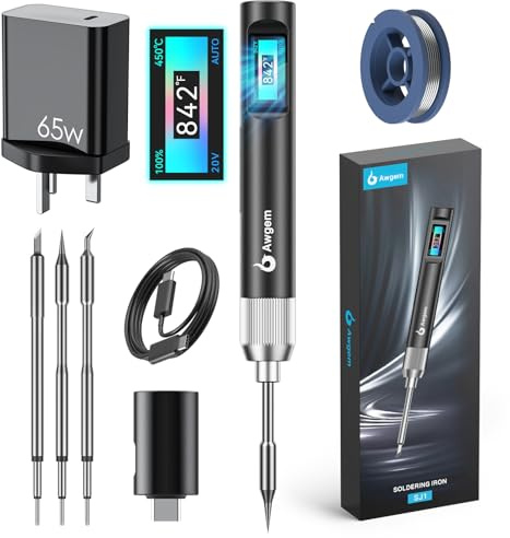 Awgem 100W Portable Soldering Iron Kit, 2S Fast Heating (390°F-840℉), 3 Tips (C245), Automatic Temperature Adjustment, Smart Pen for Precision Repair