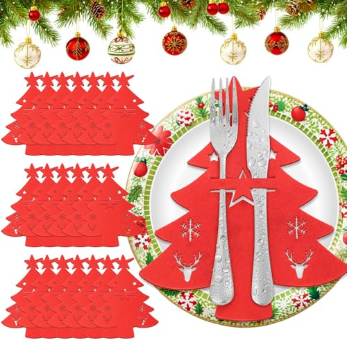 VEVOQIM 20 Stück Besteckhalter Weihnachten Filz, Bestecktasche Weihnachten | Besteckbeutel Weihnachtsbaum Tischdeko, Weihnachts Messer Gabeln Löffel Geschirr Besteck Taschen für Party Tisch