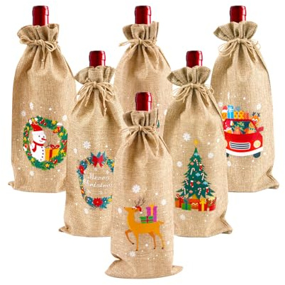 6 Stück Geschenktüten Flaschen Weihnachten, Flaschentüten mit Zugband | Jute Weinflaschen Verpackung, Wiederverwendbare Xmas Weintasche Flaschenbeutel Taschen für Weihnachten Dinner Party