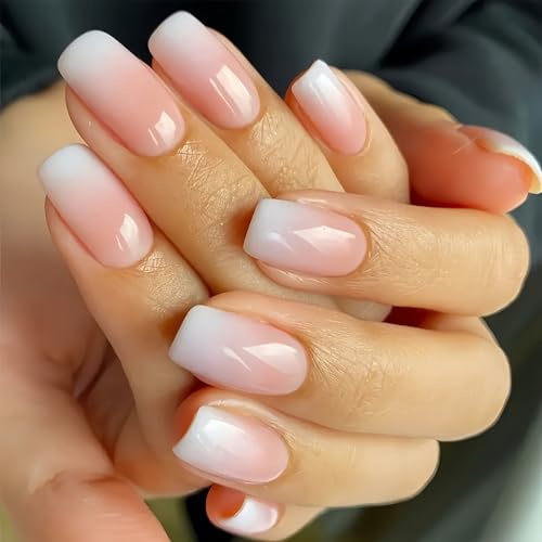 NICENEEDED 24 pièce de Faux Ongles à Pression Dégradé Blanc Faux Ongles Carrés Moyens Ongles Artificiels Naturels Ombrés Couvre Ongles Adhésifs à Couverture Intégrale