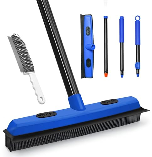 Dolanx Rubber Broom Carpet Brush with Squeegee, Pet Hair Remover with 52.8 inches Long Handle, Detailing Lint Fur Removal Tool, Silicone Rug Rake for Cleaning Hardwood Floor, Tile, Window (Blue)