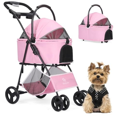 Hundewagen Hundebuggy Faltbar Travel Haustier Kinderwagen Pet Stroller mit Netzfenstern und Aufbewahrungskorb für kleine Mittele Hunde Haustiere Buggy (Rosa)