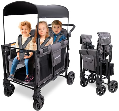 WONDERFOLD W4 Elite Pro - Cochecito plegable con asientos con arneses de 5 puntos, mango de empuje ajustable y toldo ajustable, gris carbón