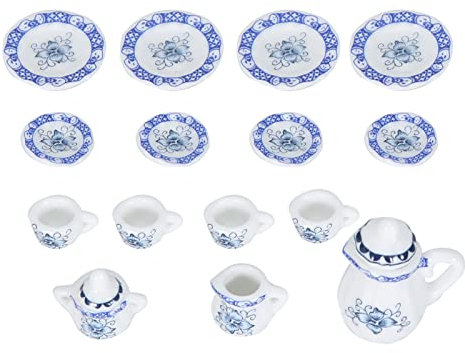 Alomejor Ensemble de Tasses à thé en Porcelaine, 15 Pièces, Décoration de Fleurs, Ensemble de Tasses à thé Miniatures, Collection de Cuisine pour Maison de Poupée, pour la (Couleur Porcelaine Bleu